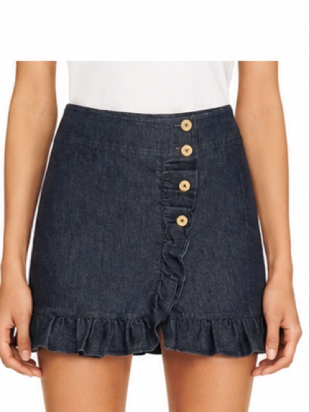 Sandro Dark Gray Ruffled Button-Front Denim Mini Skirt